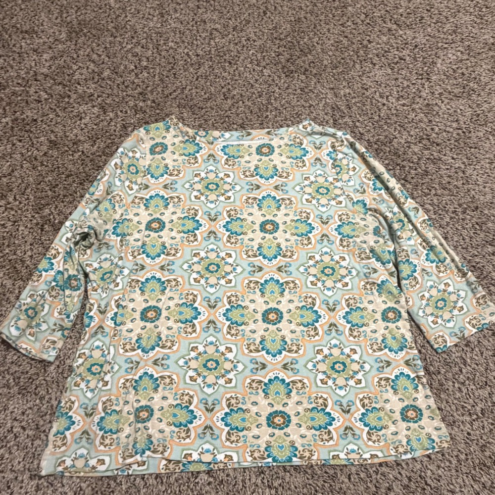 Croft & Barrow Womens XXL Cotton 3/4 Sleeve Medallion Paisley Boat Neck Top Blue